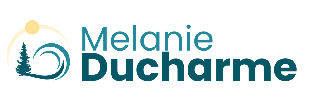 Logo with Melanie Ducharme and graphic of sun, tree and waves
